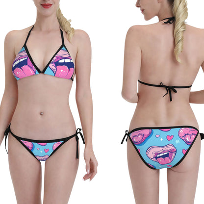 Cartoon Tongue Print Triangle Bikini Swimsuit