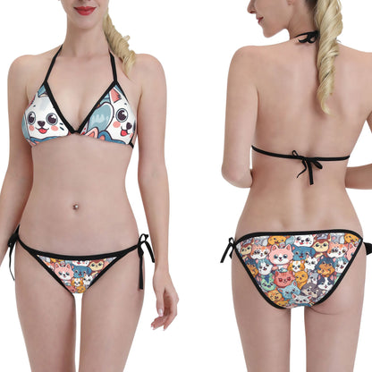 Cartoon Dog Print Triangle Bikini Swimsuit