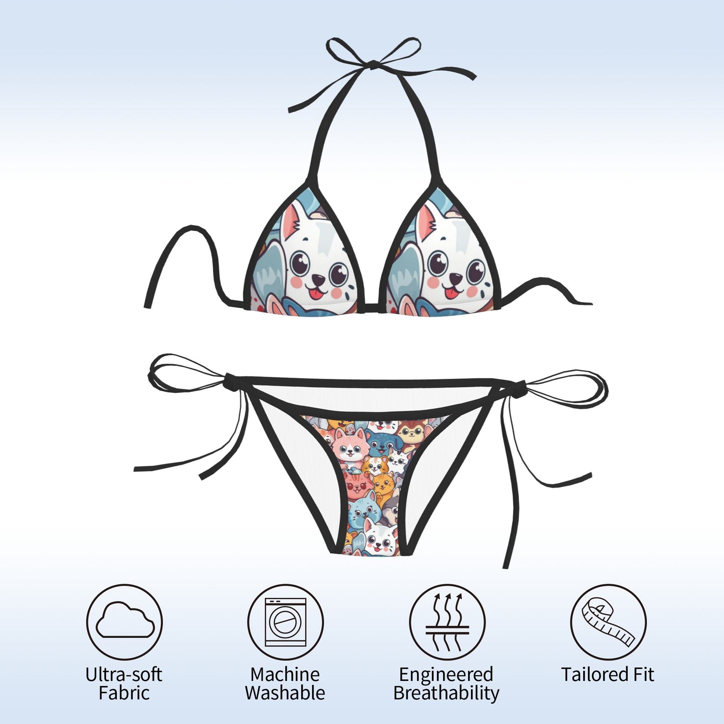 Cartoon Dog Print Triangle Bikini Swimsuit