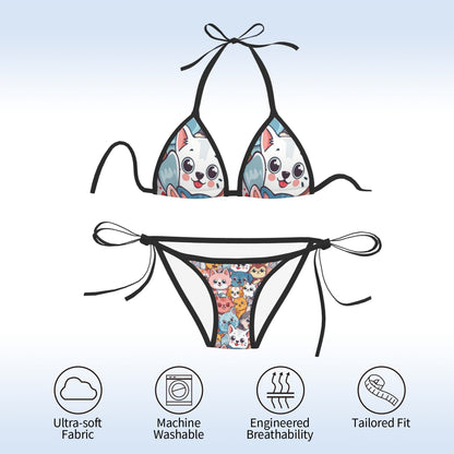 Cartoon Dog Print Triangle Bikini Swimsuit