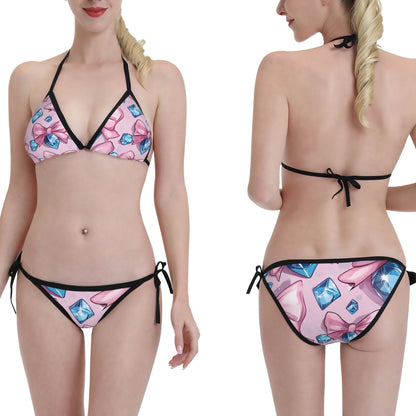 Gemstone & Bow Print Triangle Bikini Swimsuit