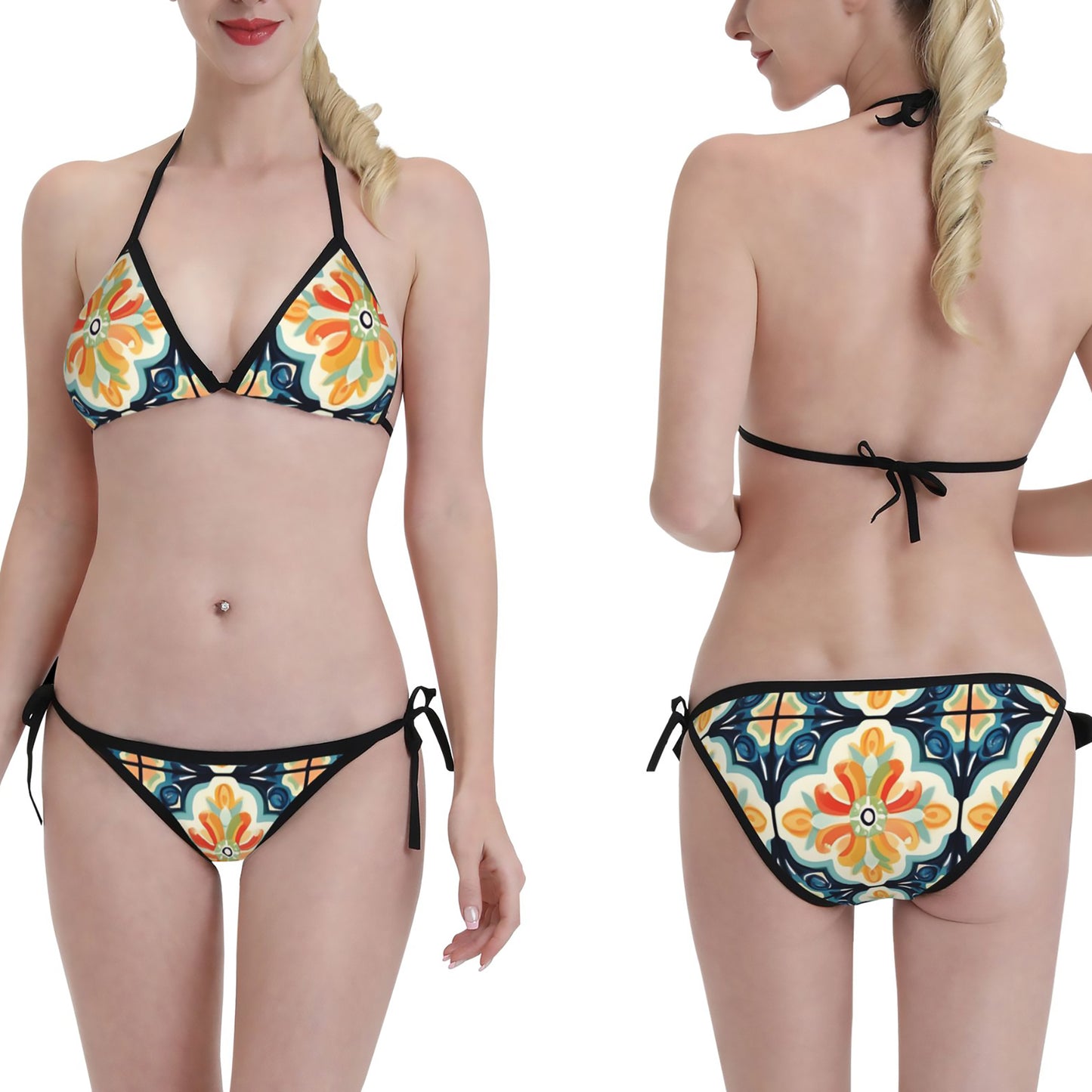 Colorful Floral Print Triangle Bikini Swimsuit