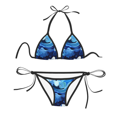 Blue Wave Print Triangle Bikini Swimsuit