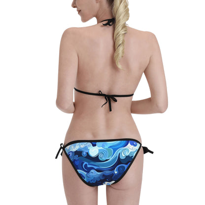 Blue Wave Print Triangle Bikini Swimsuit