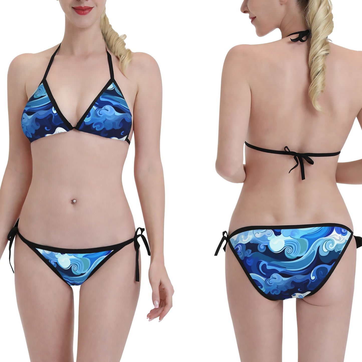 Blue Wave Print Triangle Bikini Swimsuit