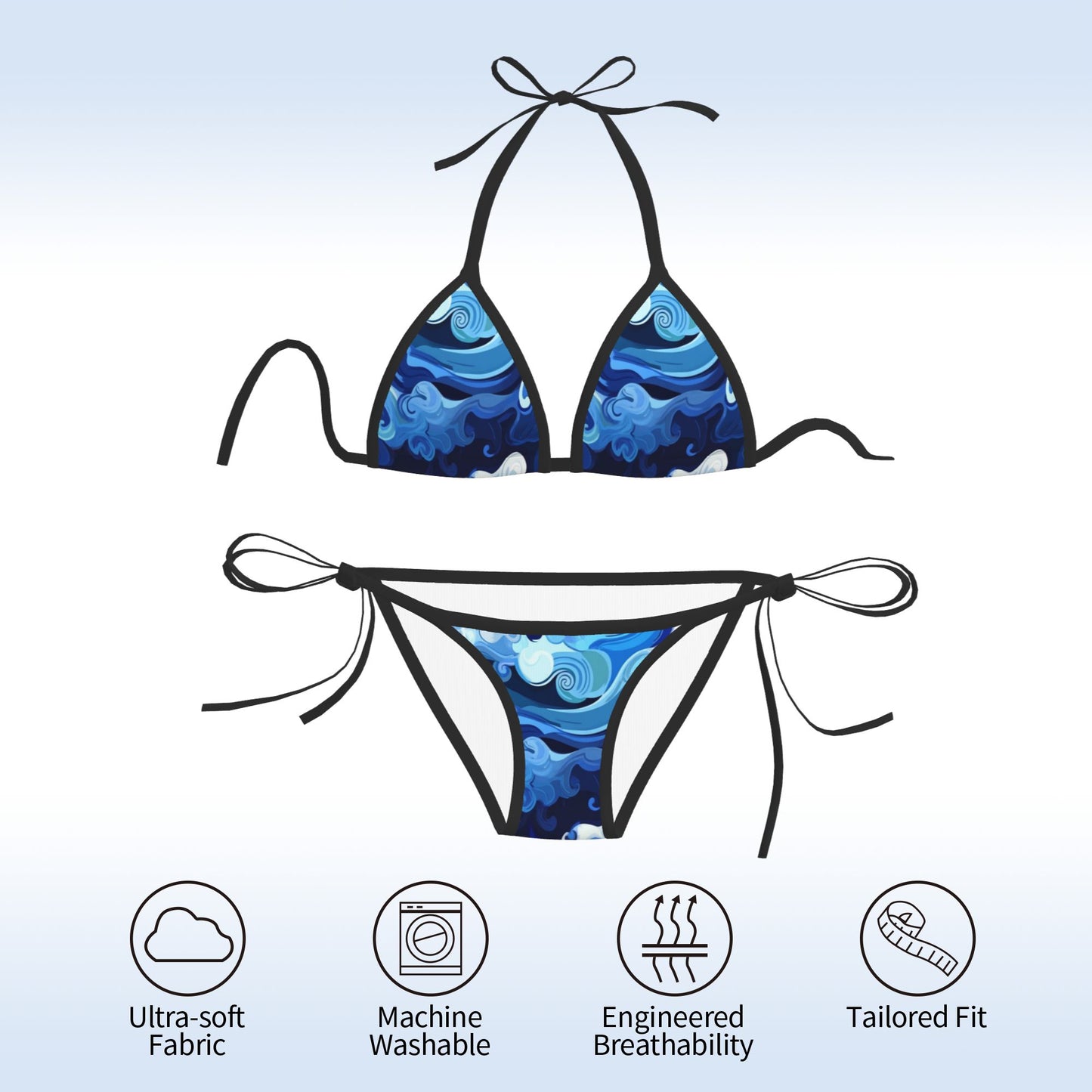 Blue Wave Print Triangle Bikini Swimsuit