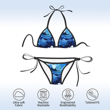 Blue Wave Print Triangle Bikini Swimsuit